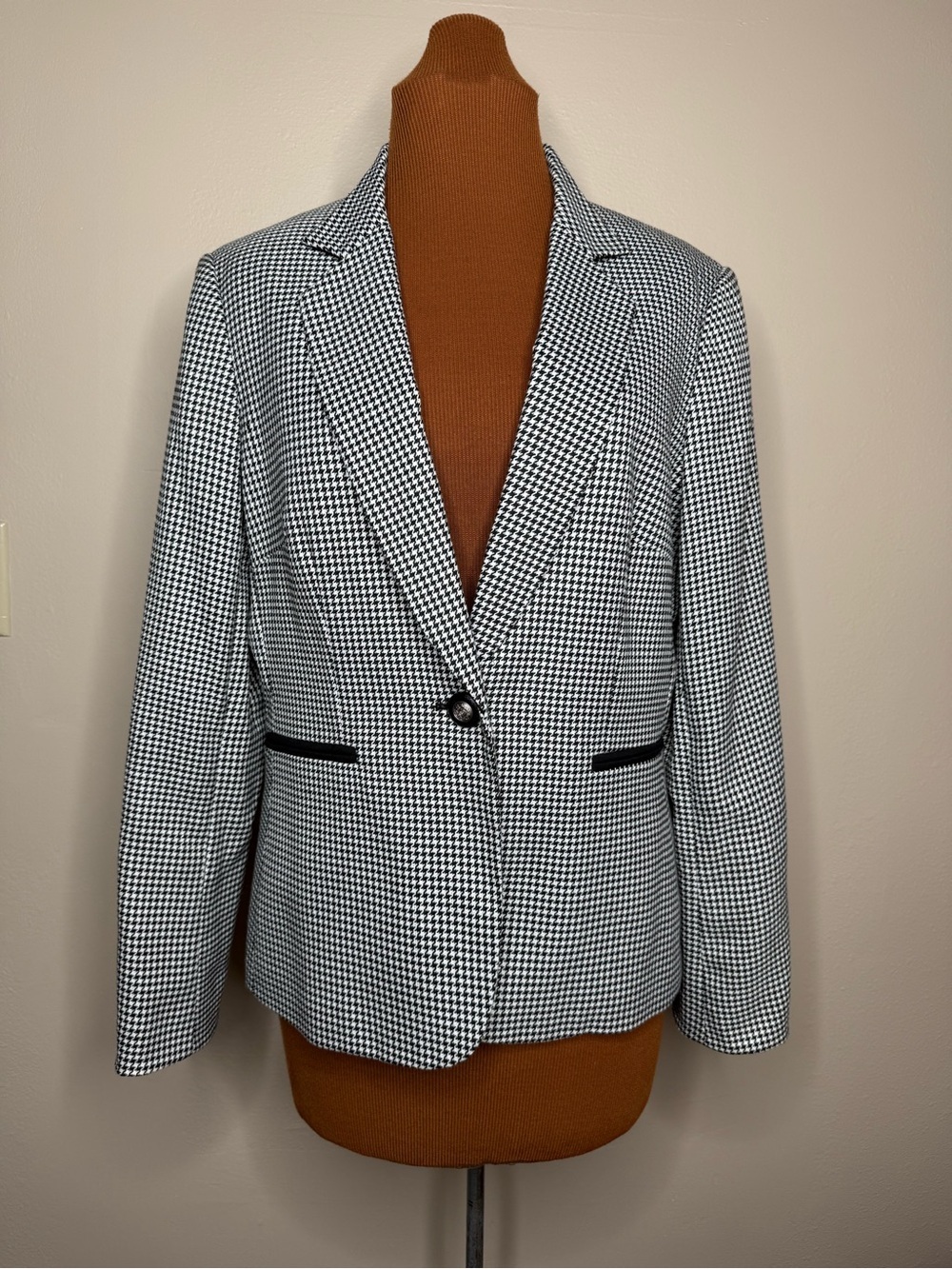 John Meyer Tailored Houndstooth Single-Button Blazer Stand Collar Size 12